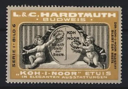Reklamemarke Budweis, L. & C. Hardtmuth, Koh-I-Noor Etuis, Putten mit Bleistift