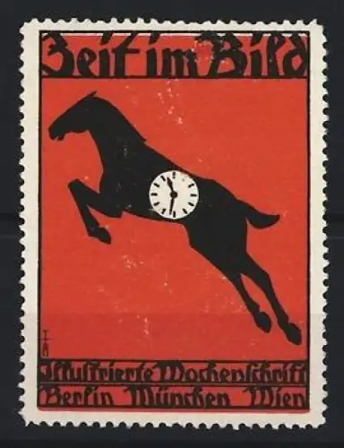 Reklamemarke Berlin, Zeit im Bild, Zeitung, springendes Pferd mit Uhr