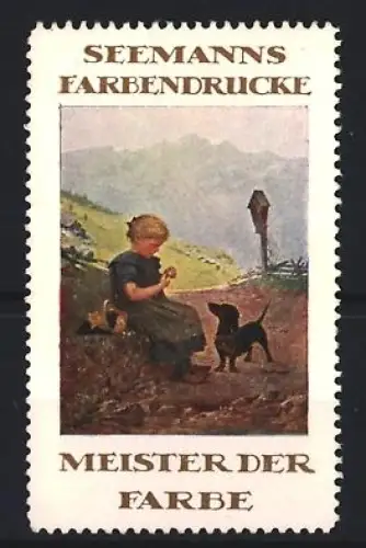 Reklamemarke Seemann, Farbendrucke, Kind mit Hund in Landschaft