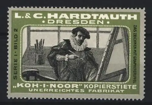 Reklamemarke Dresden, L. & C. Hardtmuth, Koh-I-Noor Kopierstifte, Zeichner mit Graphitgriffel