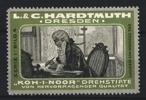 Reklamemarke Dresden, L. & C. Hardtmuth, Koh-I-Noor Drehstifte, Person schreibt einen Brief