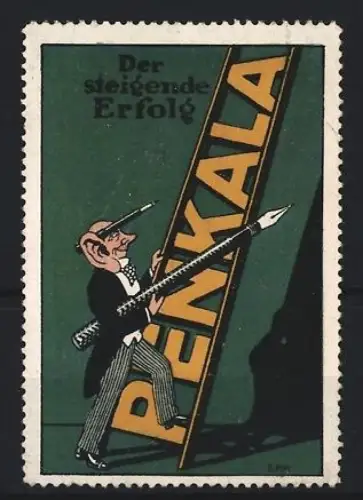 Reklamemarke Penkala, Federhalter, Mann mit Füllfederhalter auf einer Leiter