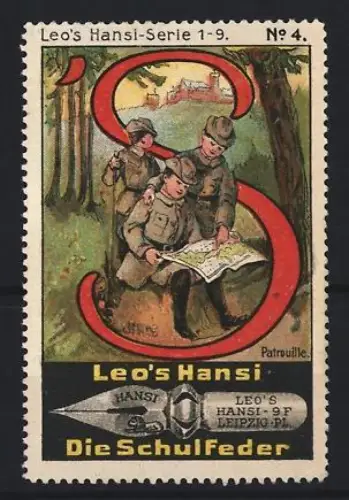 Reklamemarke Leipzig, Leo`s Hansi, Füllfederhalter, Patrouille im Wald