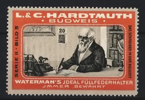 Reklamemarke Budweis, L. & C. Hardtmuth, Waterman`s Füllfederhalter, Schreibender Mann am Tisch