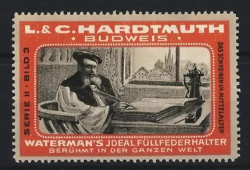 Reklamemarke Budweis, L. & C. Hardtmuth, Waterman`s Füllfederhalter, Schreibender Gelehrter