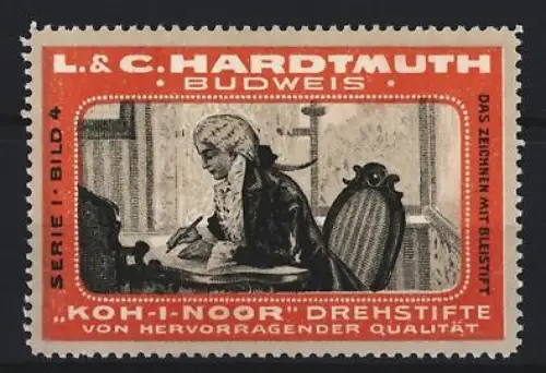 Reklamemarke Budweis, L. & C. Hardtmuth, Koh-I-Noor Drehstifte, Schreibende Person