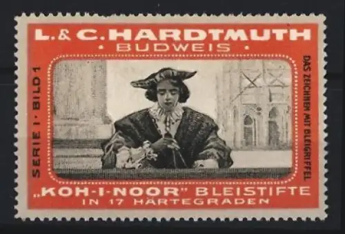 Reklamemarke Budweis, L. & C. Hardtmuth, Koh-I-Noor Bleistifte, Zeichnender Mann