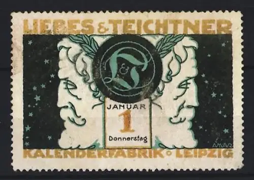 Reklamemarke Leipzig, Liebes & Teichtner, Kalenderfabrik, Köpfe und Sterne