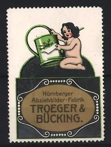 Reklamemarke Nürnberg, Troeger & Bücking, Abziehbilder-Fabrik, Kind mit Giesskanne
