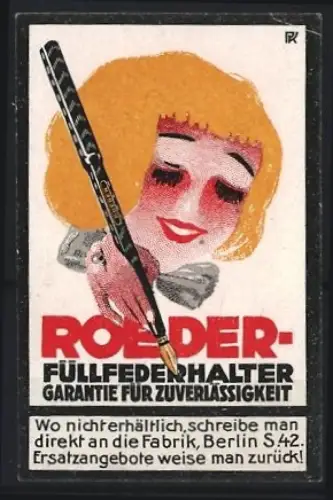 Reklamemarke Berlin, Roeder Füllfederhalter, Frau mit Füllfederhalter