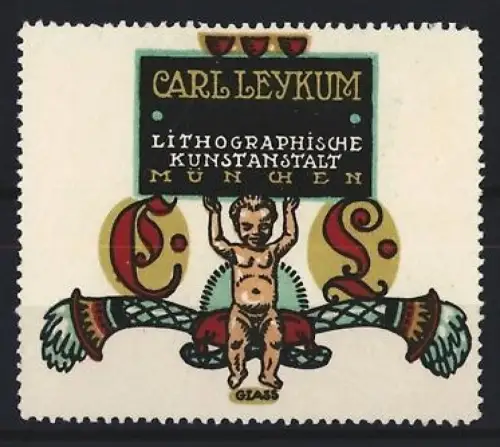 Reklamemarke München, Carl Leykum, Lithographische Kunstanstalt, Putto mit Schild