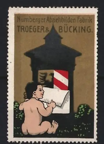 Reklamemarke Nürnberg, Troeger & Bücking, Abziehbilder-Fabrik, Kind mit Fahne und Adler