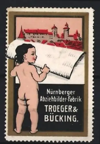 Reklamemarke Nürnberg, Troeger & Bücking, Abziehbilder-Fabrik, Kind mit Abziehbild