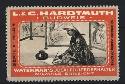 Reklamemarke Budweis, L. & C. Hardtmuth, Waterman`s Füllfederhalter, Schreibender Mann
