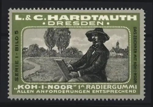 Reklamemarke Dresden, L. & C. Hardtmuth, Koh-I-Noor Radiergummi, Künstler beim Zeichnen mit Landschaft