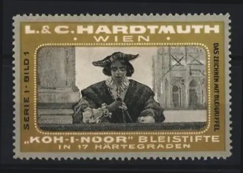 Reklamemarke Wien, L. & C. Hardtmuth, Koh-I-Noor Bleistifte, Person beim Zeichnen