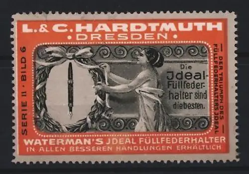 Reklamemarke Dresden, L. & C. Hardtmuth, Waterman`s Füllfederhalter, Frau mit Federhalter