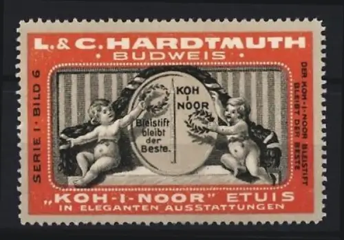 Reklamemarke Budweis, L. & C. Hardtmuth, Koh-I-Noor Etuis, Putten mit Bleistift und Etui