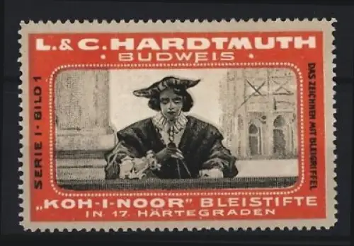 Reklamemarke Budweis, L. & C. Hardtmuth, Koh-I-Noor Bleistifte, Zeichner mit Bleigrefel