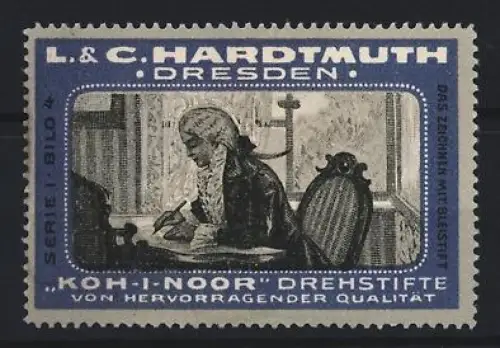 Reklamemarke Dresden, L. & C. Hardtmuth, Koh-I-Noor Drehstifte, Schreibender Mann am Schreibtisch