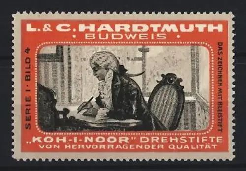 Reklamemarke Budweis, L. & C. Hardtmuth, Koh-I-Noor Drehstifte, Person beim Zeichnen