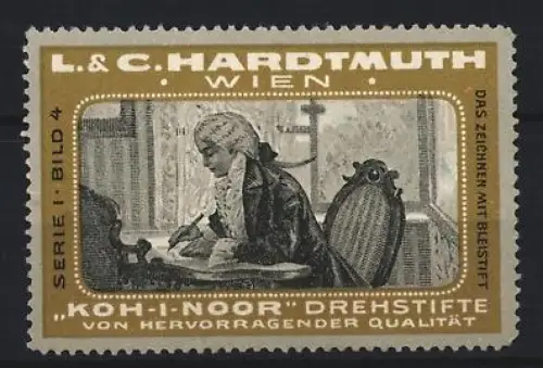 Reklamemarke Wien, L. & C. Hardtmuth, Koh-I-Noor Drehstifte, schreibende Person