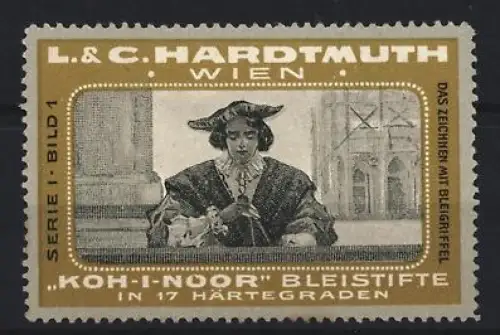 Reklamemarke Wien, L. & C. Hardtmuth, Koh-I-Noor Bleistifte, Zeichnung mit Bleigriffel