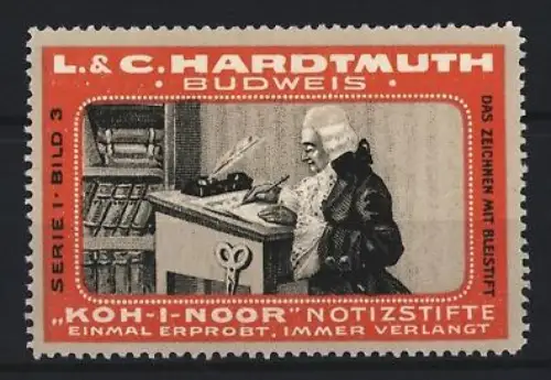 Reklamemarke Budweis, L. & C. Hardtmuth, Koh-I-Noor Notizstifte, Zeichnender Mann am Schreibtisch