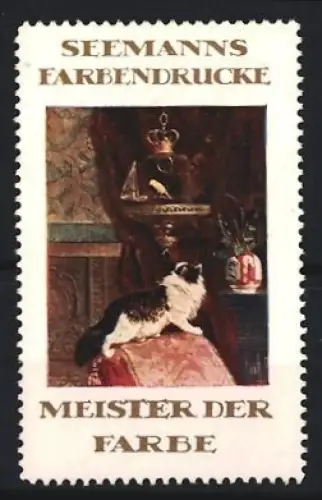 Reklamemarke Seemann`s Farbendrucke, Katze und Stillleben