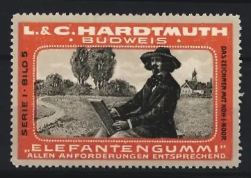 Reklamemarke Budweis, L. & C. Hardtmuth, Elefantengummi, Radiergummi, Zeichner im Freien