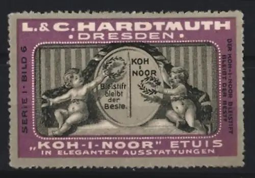 Reklamemarke Dresden, L. & C. Hardtmuth, Koh-I-Noor-Bleistifte, Engel mit Lorbeerkranz
