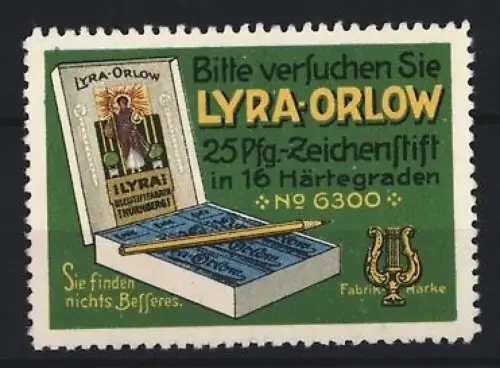 Reklamemarke Lyra-Orlow, 25 Pfg.-Zeichenstift, Geöffnete Schachtel