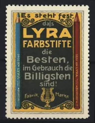 Reklamemarke Lyra Farbstifte, Farbige Stifte und Lyra-Logo