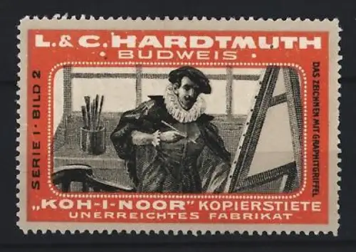 Reklamemarke Budweis, L. & C. Hardtmuth, Koh-I-Noor Kopierstifte, Künstler an Staffelei