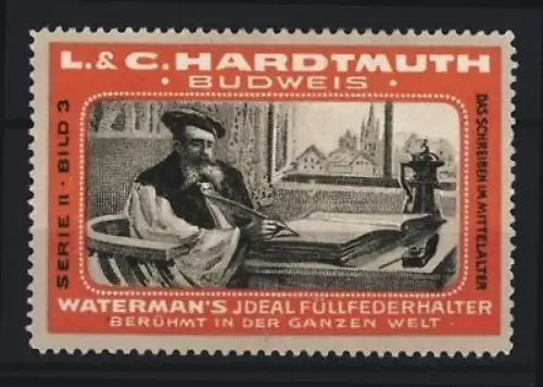 Reklamemarke Budweis, L. & C. Hardtmuth, Waterman`s Ideal Füllfederhalter
