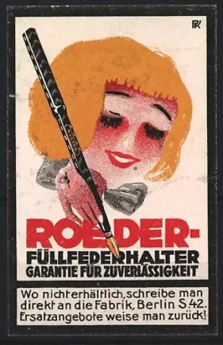 Reklamemarke Berlin, Roeder-Füllfederhalter, Frau mit Füllfederhalter