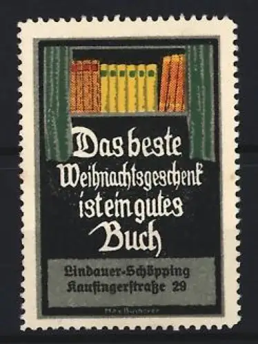 Reklamemarke Lindauer-Schöpping, Das beste Weihnachtsgeschenk ist ein gutes Buch, Bücherregal