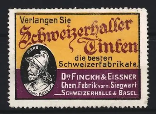 Reklamemarke Schweizerhalle, Dr. Finckh & Eissner, Schweizer Tinten, Marskopf-Emblem
