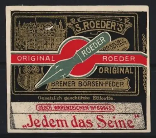 Reklamemarke Bremen, S. Roeder`s Bremer Börsen-Feder, Feder und Gebäude
