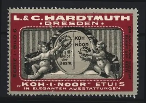 Reklamemarke Dresden, L. & C. Hardmuth, Koh-i-noor-Bleistift, Putten mit Lorbeerkranz