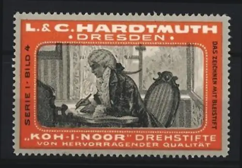Reklamemarke Dresden, L. & C. Hardmuth, Koh-I-Noor Drehstifte, schreibender Mann am Tisch