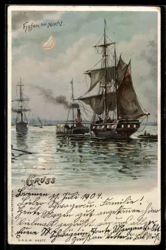 AK Schiffe im Hafen bei Nacht mit leuchtendem Mond im Gegenlicht, Halt gegen das Licht