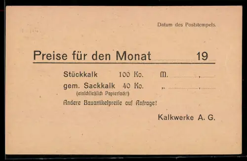 AK Aschaffenburg, Kalkwerke A. G., Preisliste, Ganzsache Bayern