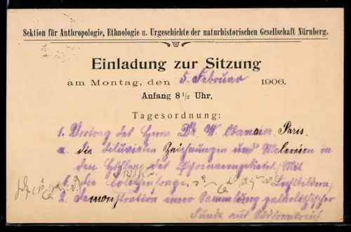 AK Nürnberg, Sektion für Anthropologie u. Urgeschichte der naturhist. Gesellschaft, Einladung, Ganzsache Bayern