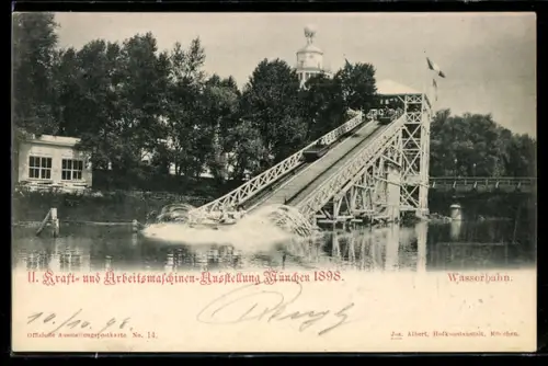 AK München, II. Kraft- und Arbeitsmaschinen-Ausstellung 1898, Wasserbahn, Ganzsache Bayern