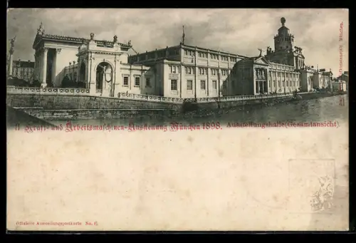 AK München, II. Kraft- & Arbeitsmaschinen-Ausstellung 1898, Ausstellungshalle, Ganzsache Bayern