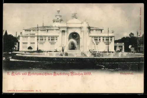 AK München, Kraft- und Arbeitsmaschinen-Ausstellung 1898, Südportal, Ganzsache Bayern