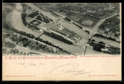 AK München, II. Kraft- und Arbeitsmaschinen-Ausstellung 1898, Gesamtansicht a.d. Vogelperspektive, Ganzsache Bayern