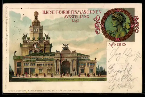 Lithographie München, II. Kraft- und Arbeitsmaschinen-Ausstellung 1898, Südlicher Eingang, Ganzsache Bayern