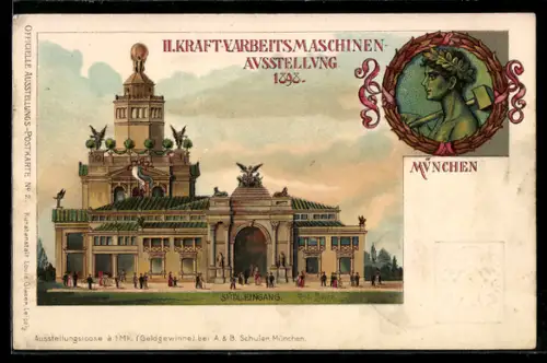 Lithographie München, II. Kraft- und Arbeitsmaschinen-Ausstellung 1898, Südlicher Eingang, Ganzsache Bayern
